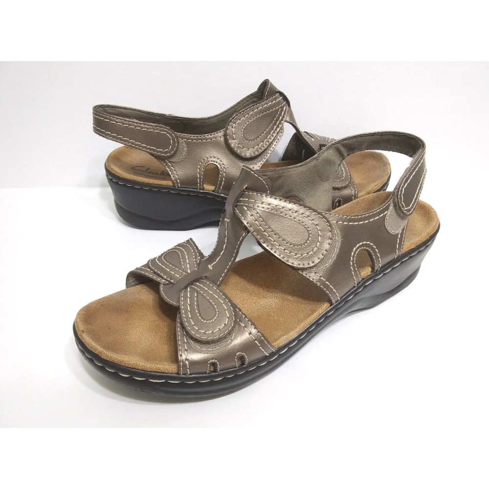 Clarks Women's Size 11 Bronze Metallic Leather Wedge Slide Sandals Strap 65783